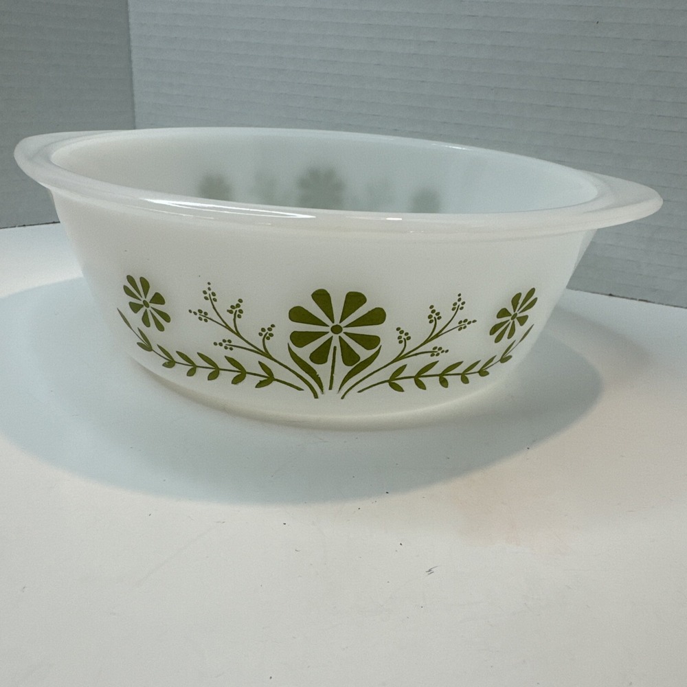 Glasbake Casserole Dish Unisex OS White‎ Green Daisy Milk Glass Oval J2600 MCM